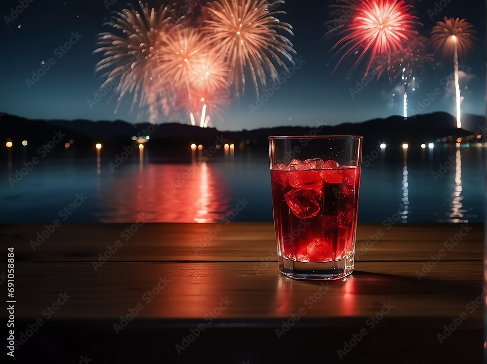 Poster wooden table with a glass of beverage and view of night sky with red fireworks background from gener