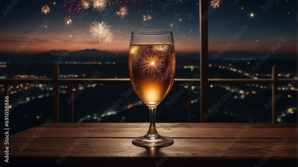 Poster wooden table with a glass of beverage and view of night sky with colorful fireworks background from 
