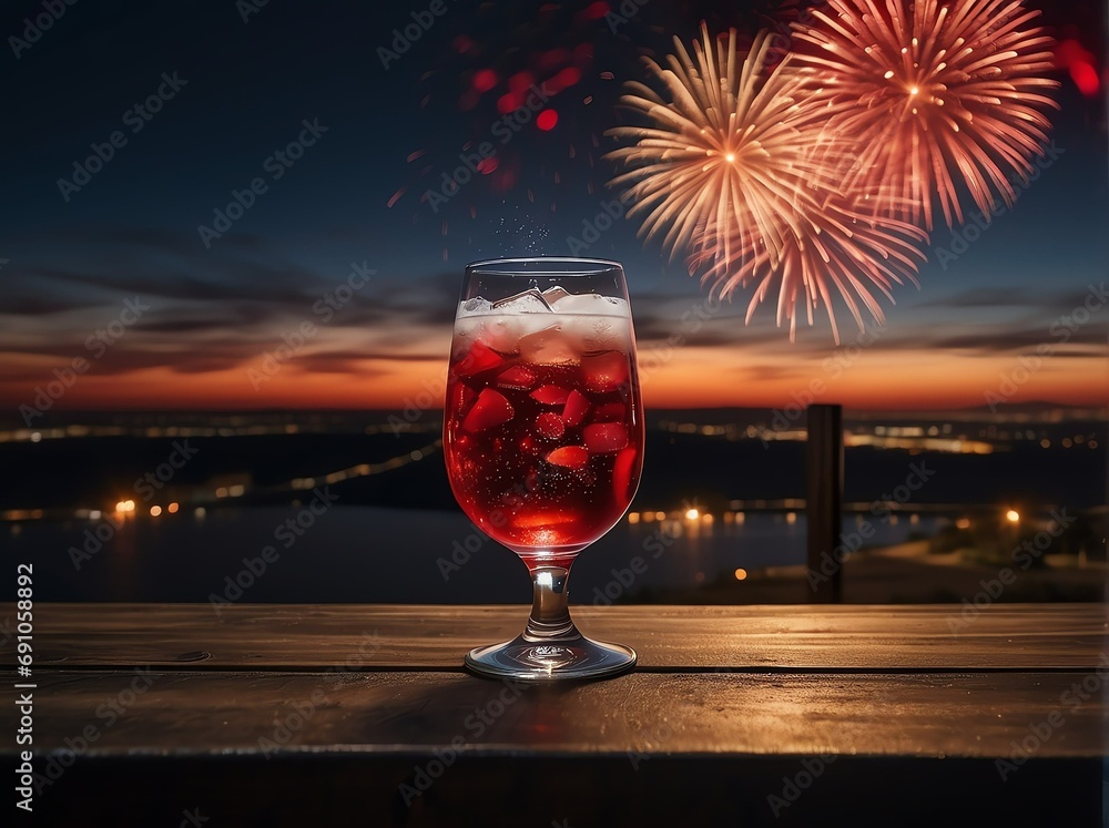 Poster wooden table with a glass of beverage and view of night sky with red fireworks background from gener
