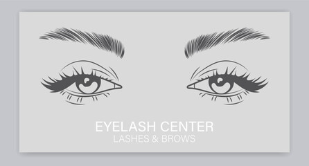 Female eyes with long eyelashes and eyebrows. Beauty logo for eyelash and eyebrow center. Logo, business card, vector