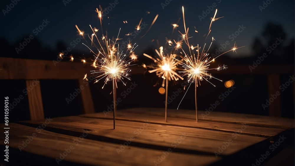 Poster sparklers at a wooden table on a night sky with fireworks background from generative ai