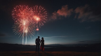 Happy couple with view of night sky with red fireworks background from Generative AI