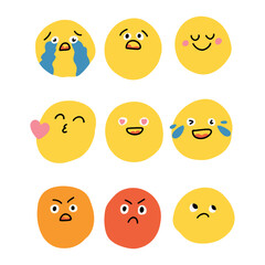 Emoji set. Emoticon cartoon emojis symbols digital chat objects vector icons set. Round abstract comic Faces with various Emotions.Crayon drawing style. Flat design. Vector illustration