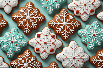 Christmas handcrafted gingerbread cookies with festive icing snowflakes, flatlay on mint background. Food photography for recipe blogs or cooking books, culinary magazines, DIY,  banner for websites