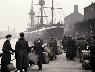 A black and white photo capturing immigrants arriving at a dock in the early 20th century.