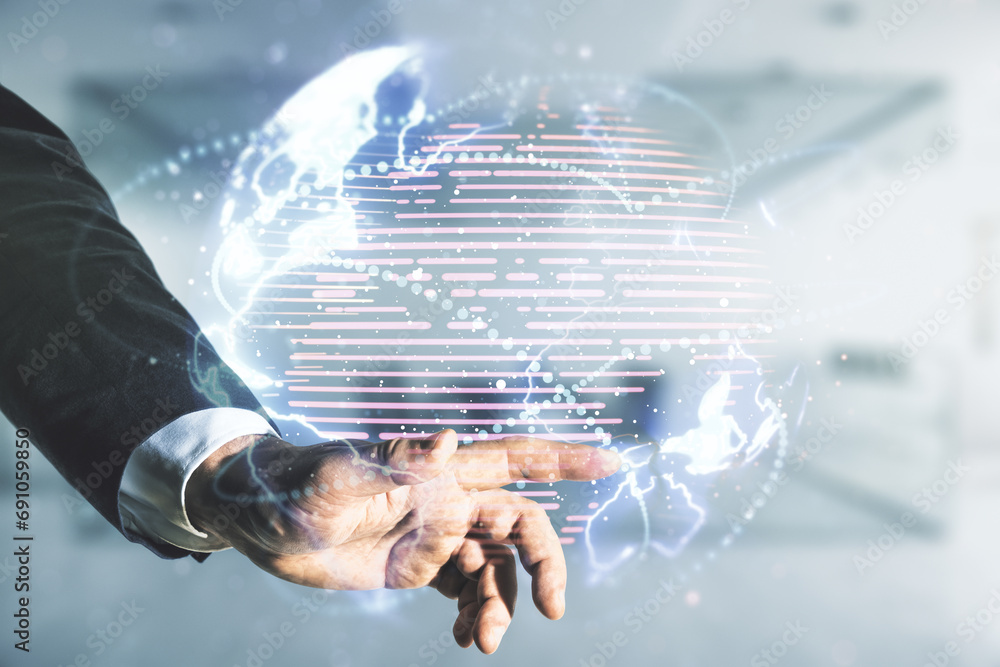 Poster double exposure of man hand working with abstract digital world map hologram with connections on blu