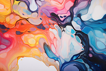 Vivid fluid art with swirling patterns of orange, blue, and pink, dynamic and abstract background. Design for banner with space for text, poster for contemporary interior, psychedelic background