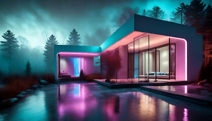 Futuristic modern eerie haunted house at night, tim burton lighting  - obrazy, fototapety, plakaty