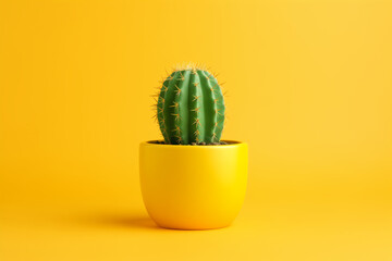 Vibrant green cactus plant pot on bright yellow background, design for modern interiors and minimalist decor, DIY project. Banner with space for text. - obrazy, fototapety, plakaty