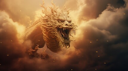 Gold, Chinese dragon, mouth fire, 8K, flying clouds