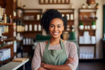 Happy confident young African American woman standing in beauty salon with her arms crossed