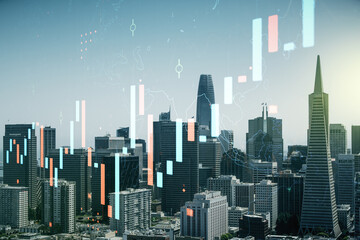Double exposure of abstract creative financial chart hologram on San Francisco skyscrapers...