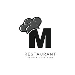 Letter M logo with chef's hat for a restaurant. Alphabet M Concept Design Food Business Logotype vector illustration