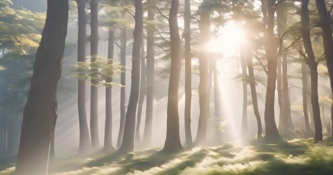 Fog in pine tree forest, video background