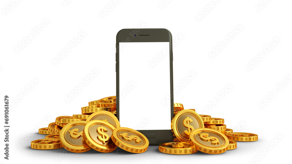 Fototapete 3d rendering of mobile phone with blank screen with golden us dollar coins surrounding it isolated o