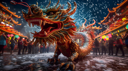 3D Illustration for Chinese New Year with a dragon and a parade with people near temples - obrazy, fototapety, plakaty
