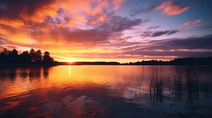 Fototapeta na wymiar A breathtaking sunset over a serene lake, with warm hues reflecting on the water, captured in stunning HD quality by a camera with meticulous detail