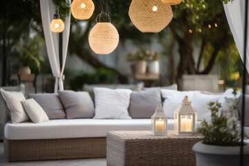 Terrace wicker design sofa porch patio table furniture house garden - obrazy, fototapety, plakaty