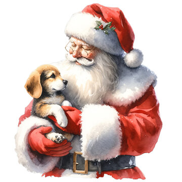 a watercolor painting of a santa clause wearing a red and white hat and holding a dog. Clipart for decoration card on Chirstmas.
