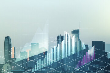 Abstract virtual financial graph hologram on Los Angeles skyline background, forex and investment concept. Multiexposure