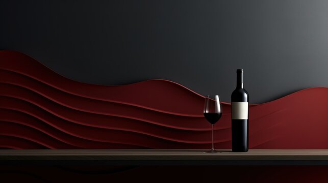 Dark wine bottle and glass on a red and black background with a wavy pattern. The bottle of wine is black and the glass is filled with red wine.