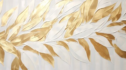 depicts golden leaves arranged in a horizontal pattern on a white background. The leaves have a metallic sheen and are applied in brush strokes, creating a luxurious and elegant look. - obrazy, fototapety, plakaty