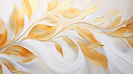 depicts golden leaves arranged in a horizontal pattern on a white background. The leaves have a metallic sheen and are applied in brush strokes, creating a luxurious and elegant look.