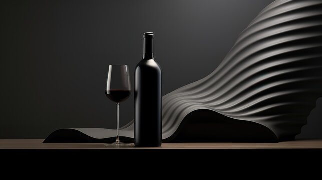 Dark wine bottle and glass on a red and black background with a wavy pattern. The bottle of wine is black and the glass is filled with red wine.
