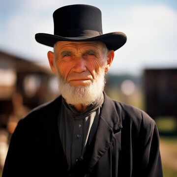 Elderly Amish man with a long beard, wearing a black hat, gentle expression.
