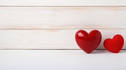 Plenty of copy space and two red ceramic hearts on white wood background