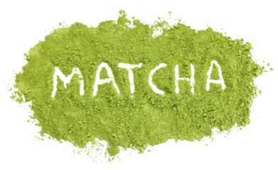  Text "matcha" handwrite on flat matcha green tea powder background isolated on white, shot from above for advertising design.