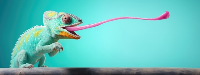 Banner with funny blue chameleon with extended pink tongue while hunting against blue background. - obrazy, fototapety, plakaty