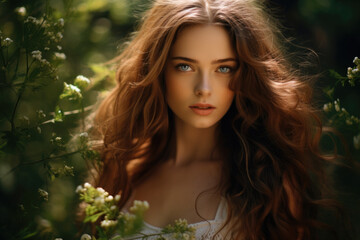 Naklejka premium Portrait of a cute blue-eyed brown-haired girl against the background of nature. Concept of natural beauty.