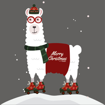 Merry Christmas Illustration with Llama  Wearing a Hat, Roller Skates, Skarf
