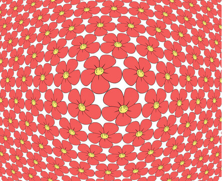An illustration of a pattern consisting of rows of pink flowers with yellow centres magnified in the middle of the Frame, constructed on a white background.