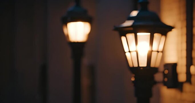 Beautiful classic street lamp lights up, slow motion video
