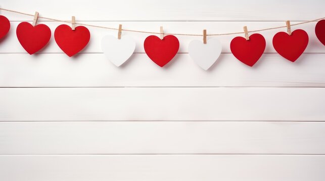 Red heart string of hanging line against white wood tree, in the style of repetitive, 