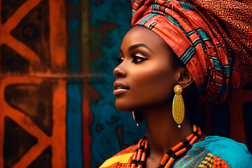 Captivating profile of an African woman in traditional attire and accessories, set against a backdrop adorned with striking African patterns. Bright image. 