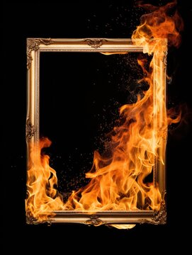 golden baroque image frame in flames on dark background. 