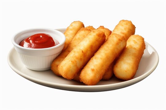 Mozzarella cheese sticks with ketchup isolated on transparent or white background