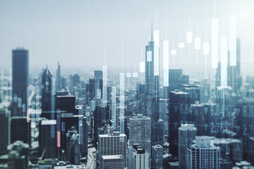 Double exposure of abstract creative financial chart hologram on Chicago skyscrapers background,...