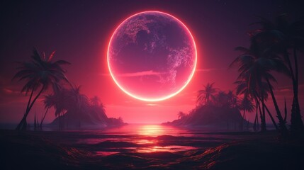 A glowing circle in the middle of nowhere in the minimalist style of retro visuals, vibrant fantasy landscapes, cyberpunk. Night landscape