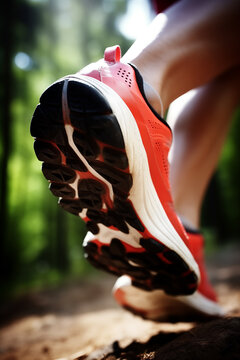 Compétition de course à pied - zoom sur les chaussures d'une sportive - illustration de fond d'affiche de trail et de running - Generative Ai