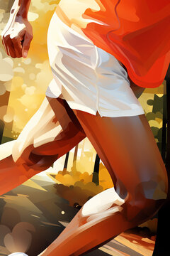 Compétition de course à pied - zoom sur les jambes d'un athlète - illustration de fond d'affiche de marathon, de running et de trail - style peinture numérique - Generative Ai