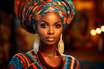 Exquisite African woman adorned in traditional attire and accessories, set against a backdrop of captivating African patterns.
