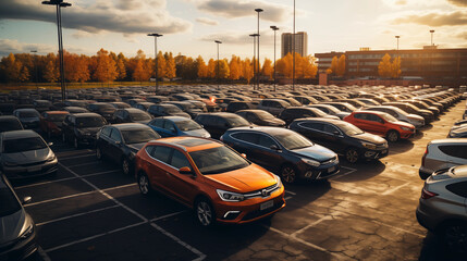 Large parking lot with many cars of different colors. Generate Ai