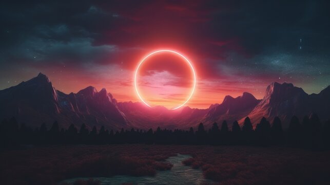 A glowing circle in the middle of nowhere in the minimalist style of retro visuals, vibrant fantasy landscapes, cyberpunk. Night landscape