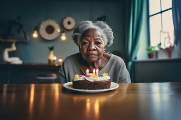 sad or depressed grandma, alone old woman on her birthday with cake