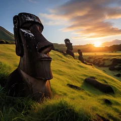  Moai , statues of Easter Island , evening photo created with Generative AI technology © Ludmyla