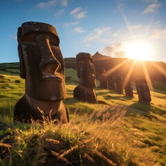 Moai , statues of Easter Island , evening photo created with Generative AI technology - obrazy, fototapety, plakaty